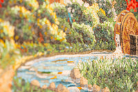 Intricate mosaic artwork featuring a serene landscape with a flowing river and lush greenery — vibrant colors create a captivating scene