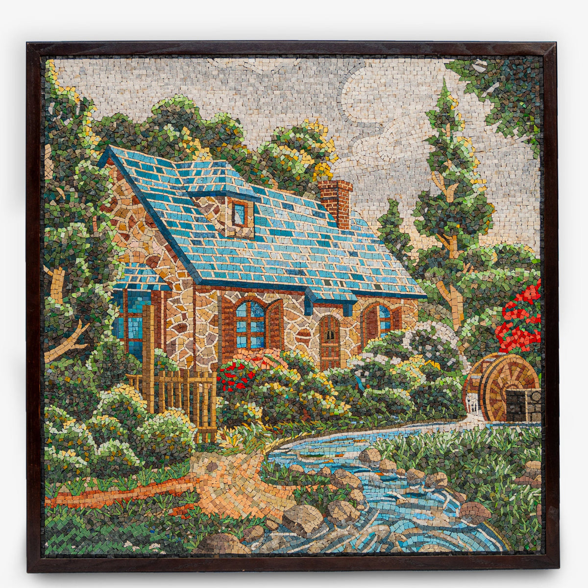 Intricate mosaic art depicting a quaint stone cottage with a blue roof surrounded by lush greenery and a winding stream