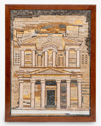 Intricate mosaic art depicting a historical building in earthy tones — crafted with precision and framed in rich wood.