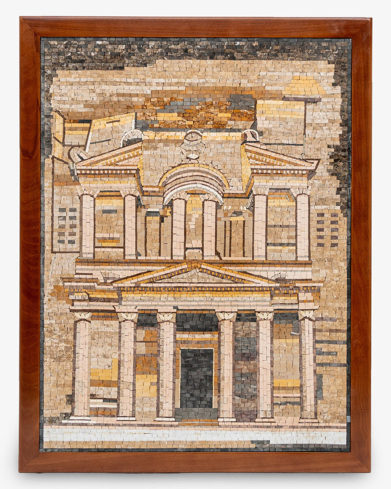 Intricate mosaic art depicting a historical building in earthy tones — crafted with precision and framed in rich wood.