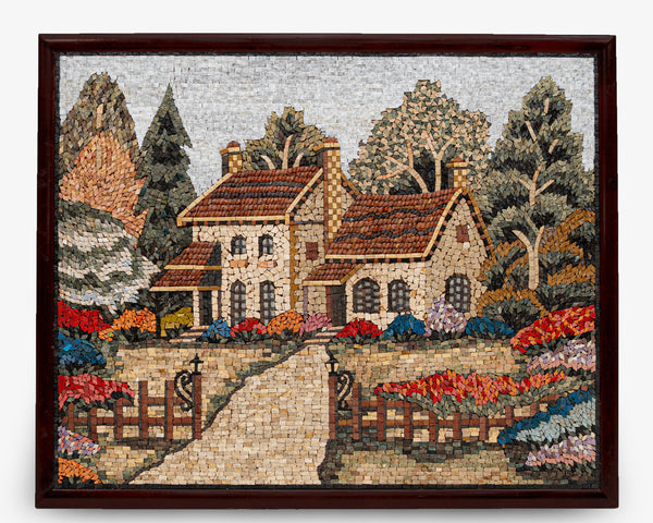 Intricate mosaic artwork depicting a charming cottage surrounded by vibrant flowers and lush trees — framed in rich wood.