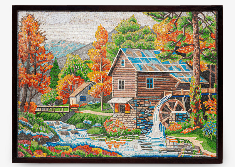 Vibrant mosaic artwork depicting a rustic wooden mill surrounded by autumn foliage and flowing water — intricate details in every tile.