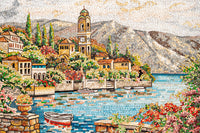 Vibrant mosaic artwork depicting a serene lakeside village with lush greenery and colorful flowers alongside the water