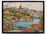 Intricate mosaic artwork depicting a serene lakeside village with vibrant flowers and a charming boat on the water.