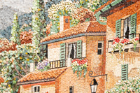 Intricate mosaic artwork depicting a charming Italian villa with vibrant colors and detailed textures in the landscape