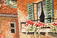 Intricate mosaic artwork featuring a charming window with green shutters and colorful floral accents in warm tones