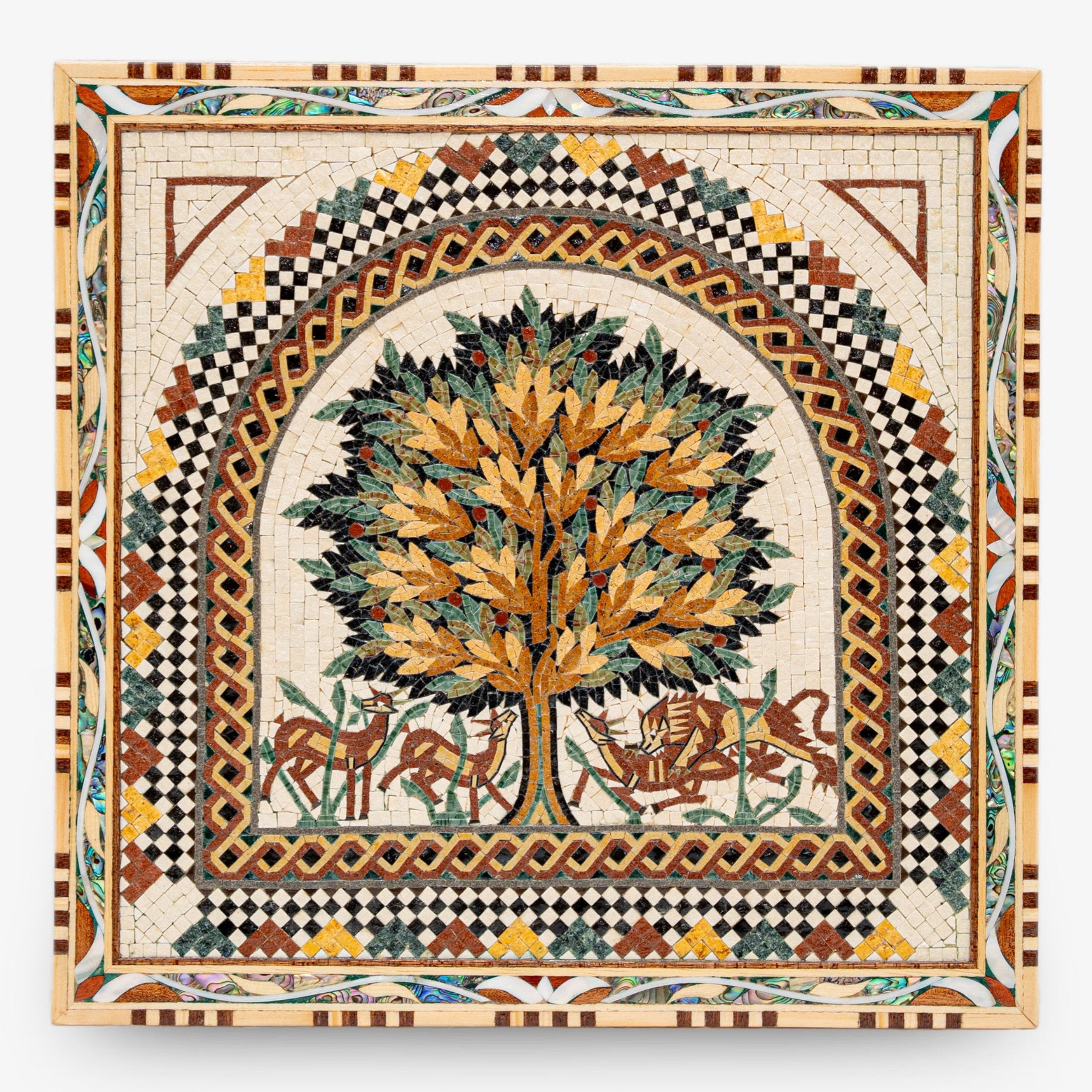 Intricate mosaic artwork featuring a vibrant tree design with multicolored leaves and detailed animal motifs on a cream background