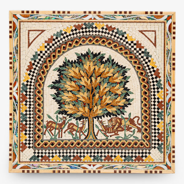 Intricate mosaic artwork featuring a vibrant tree design with multicolored leaves and detailed animal motifs on a cream background