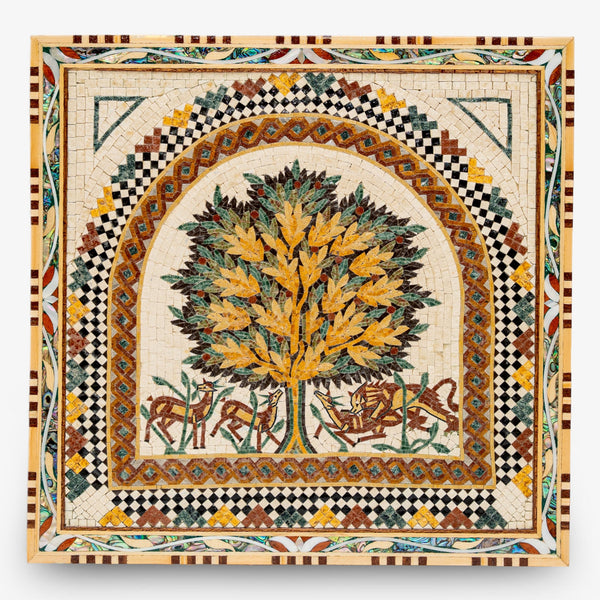 Intricate mosaic art featuring a vibrant tree design in gold and green hues, framed with decorative patterns.