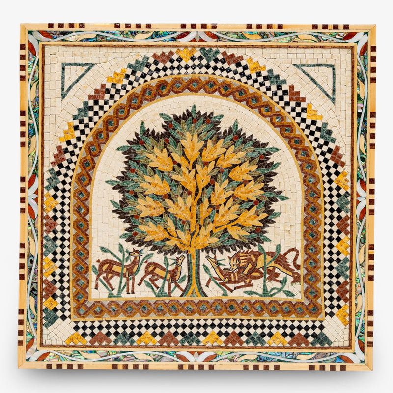 Intricate mosaic art featuring a vibrant tree design in gold and green hues, framed with decorative patterns.