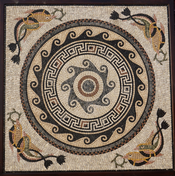 Intricate mosaic art featuring a central spiral design with colorful fish and floral motifs — crafted from natural stone tiles.