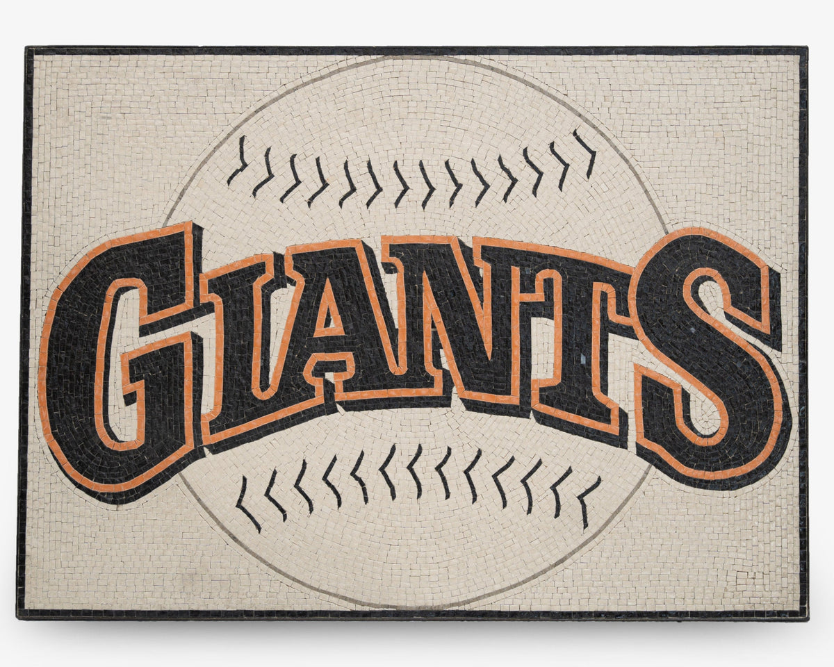 Mosaic baseball-themed welcome mat featuring the word 'GIANTS' in bold black and orange letters against a neutral background