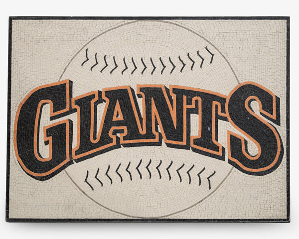 Mosaic baseball-themed welcome mat featuring the word 'GIANTS' in bold black and orange letters against a neutral background