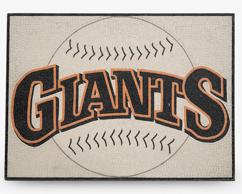 Mosaic baseball-themed welcome mat featuring the word 'GIANTS' in bold black and orange letters against a neutral background