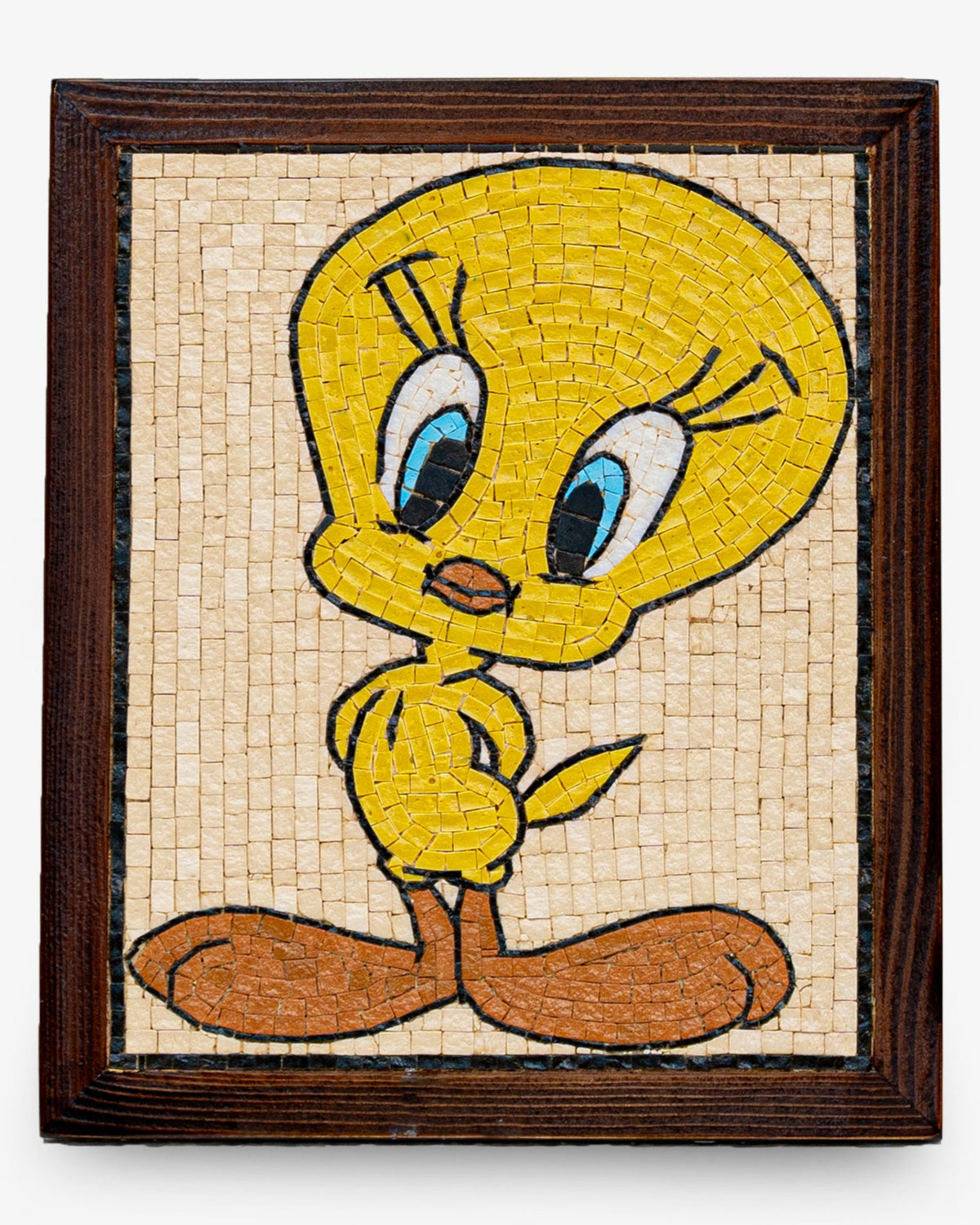 Colorful Tweety Bird mosaic art piece framed in dark wood — vibrant yellow and blue details enhance the playful design