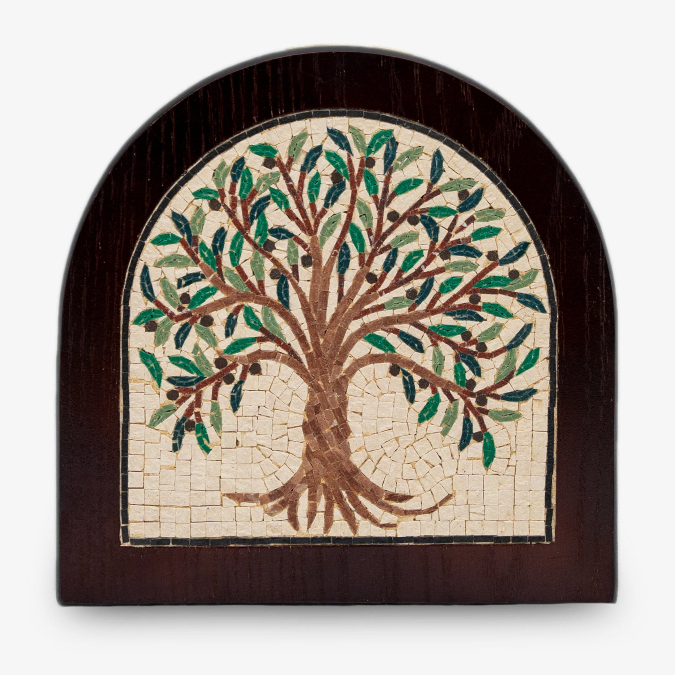 Intricate mosaic wall art featuring a tree design with green leaves and brown trunk on a textured wooden background