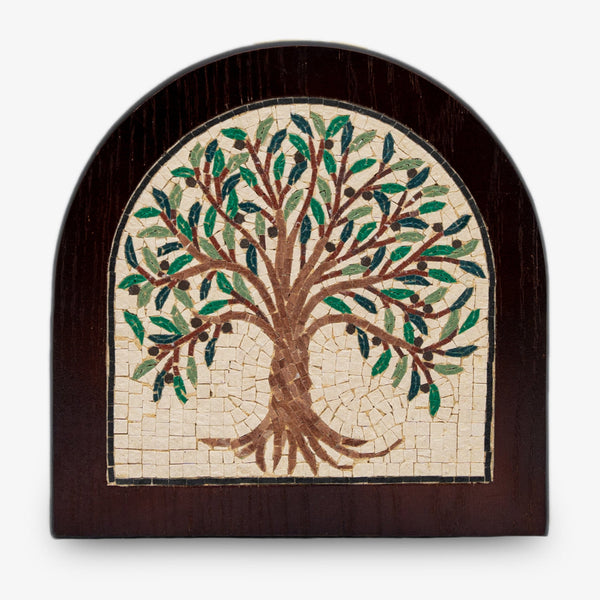 Intricate mosaic wall art featuring a tree design with green leaves and brown trunk on a textured wooden background