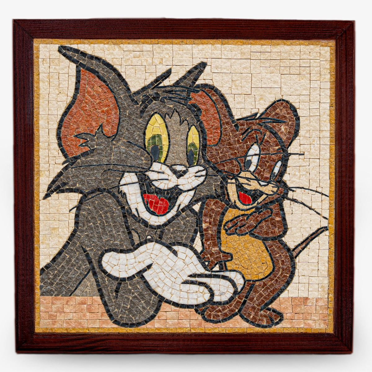 Colorful mosaic art featuring Tom and Jerry, showcasing intricate tile patterns and a charming vintage design.