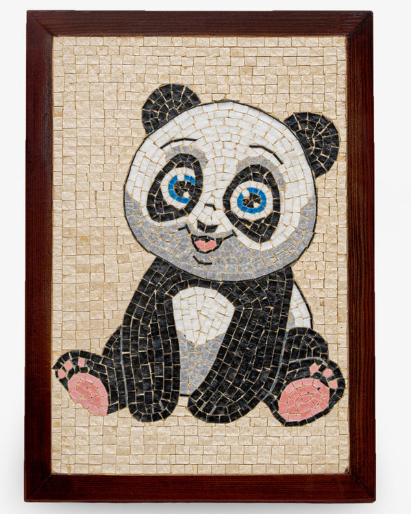 Charming mosaic artwork featuring a playful panda with bright blue eyes and textured black and white tiles in a wooden frame