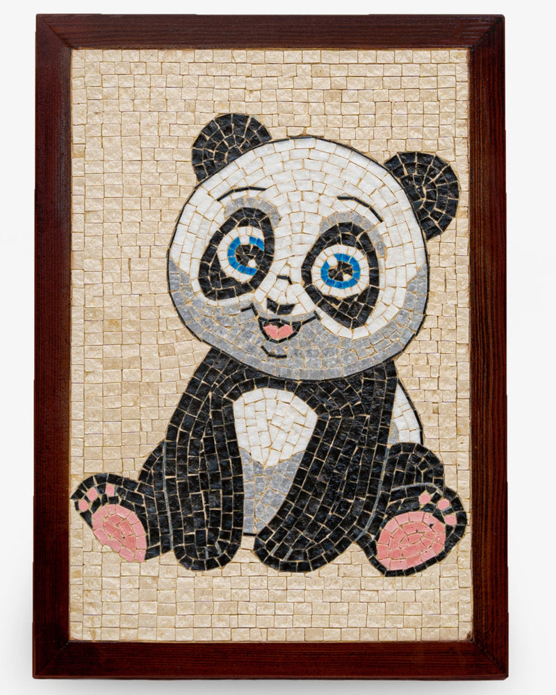Charming mosaic artwork featuring a playful panda with bright blue eyes and textured black and white tiles in a wooden frame