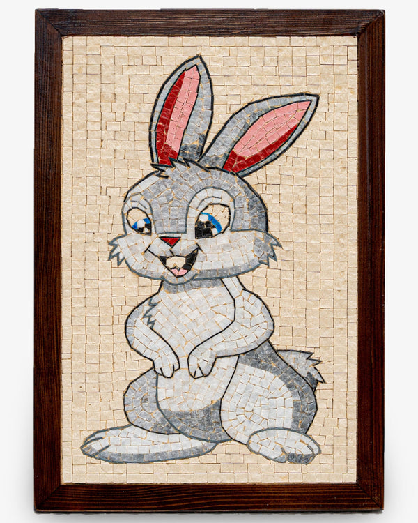 Charming mosaic art featuring a playful grey rabbit with pink ears, set in a wooden frame for a whimsical touch