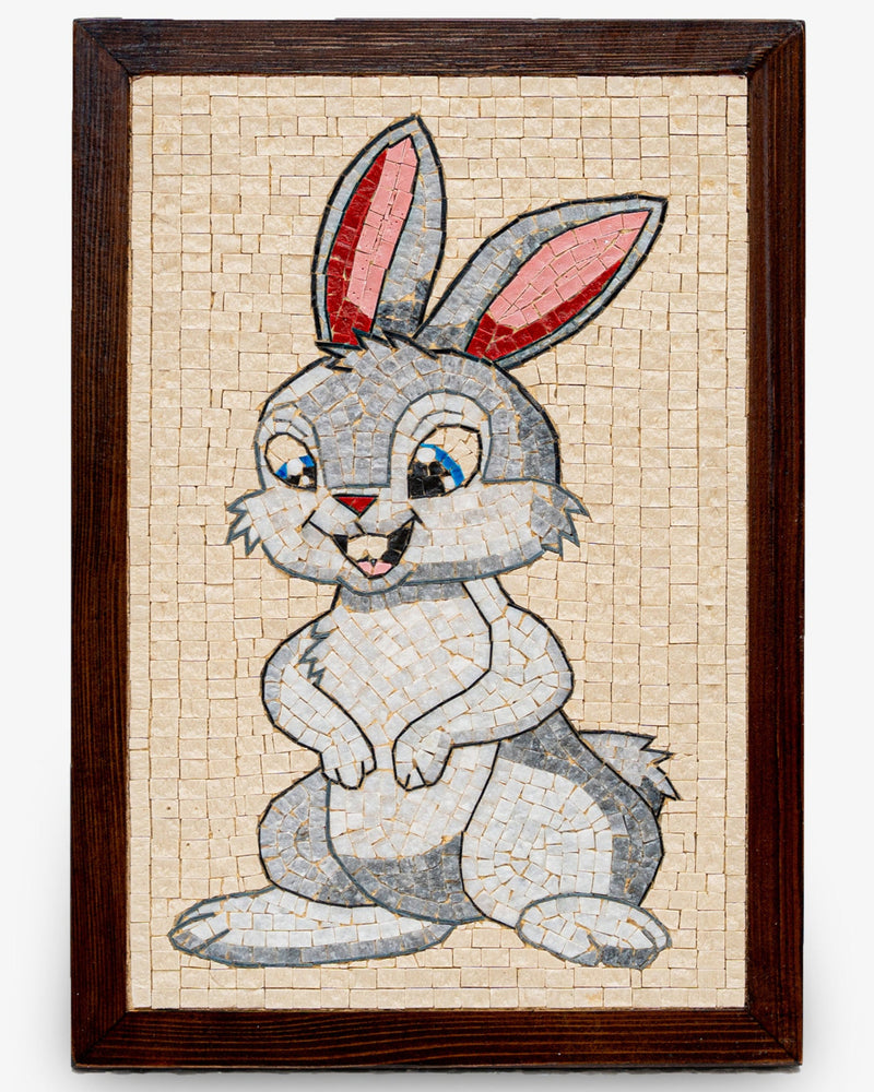 Charming mosaic art featuring a playful grey rabbit with pink ears, set in a wooden frame for a whimsical touch