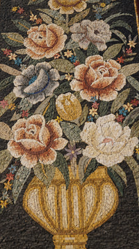 Intricate floral mosaic artwork featuring roses and blossoms in soft pastel hues — detailed craftsmanship with vibrant textures.