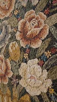 Intricate floral mosaic art featuring soft pastel roses and vibrant tulips — crafted with textured ceramic tiles.