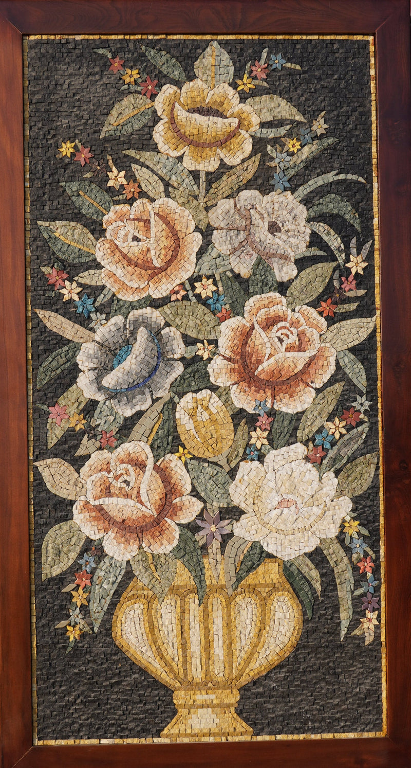 Intricate floral mosaic wall art featuring a bouquet of roses in soft tones set against a dark background — elegant craftsmanship with natural stone.