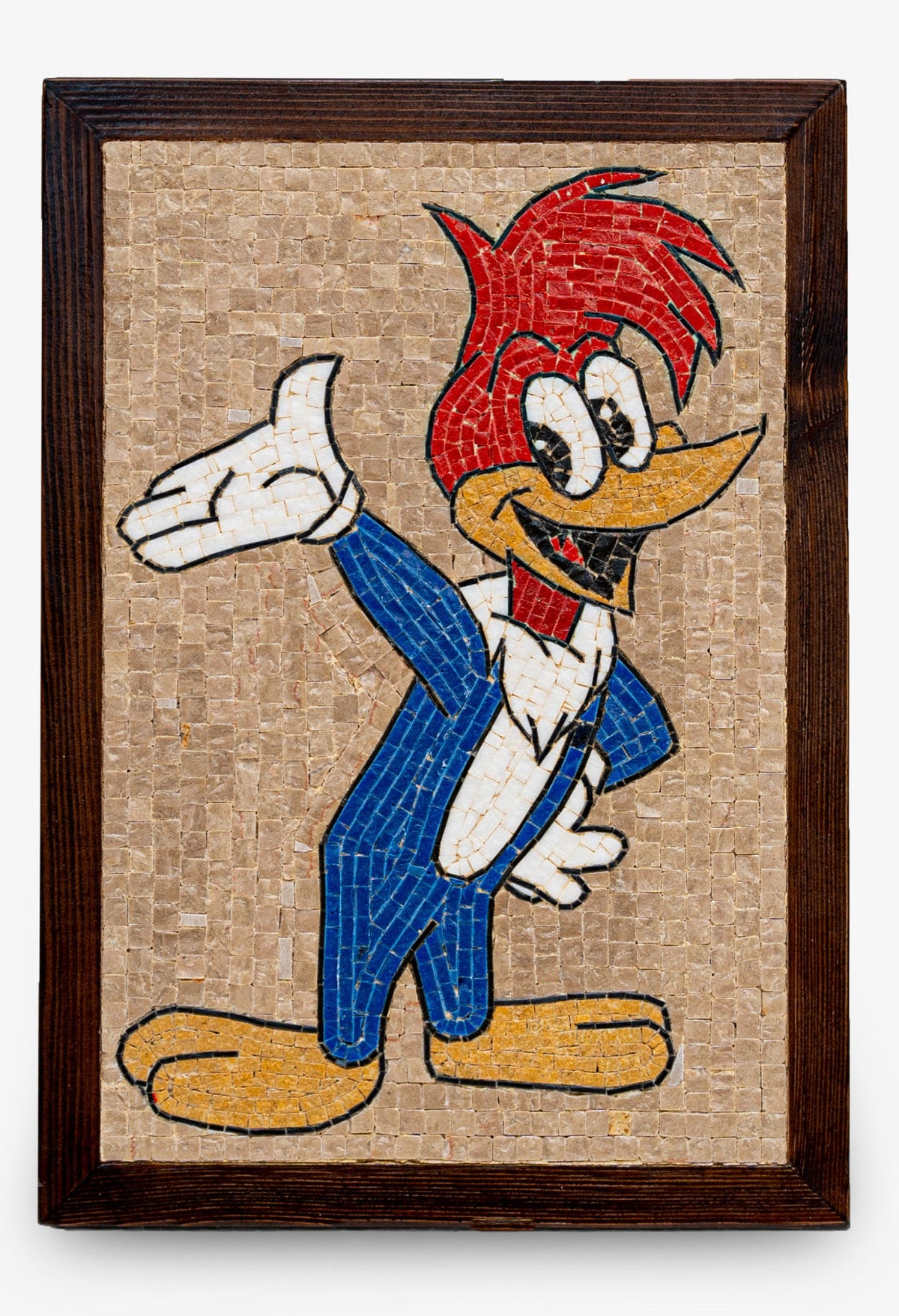 Colorful mosaic artwork featuring Woody Woodpecker in a blue suit with a playful pose against a textured beige background