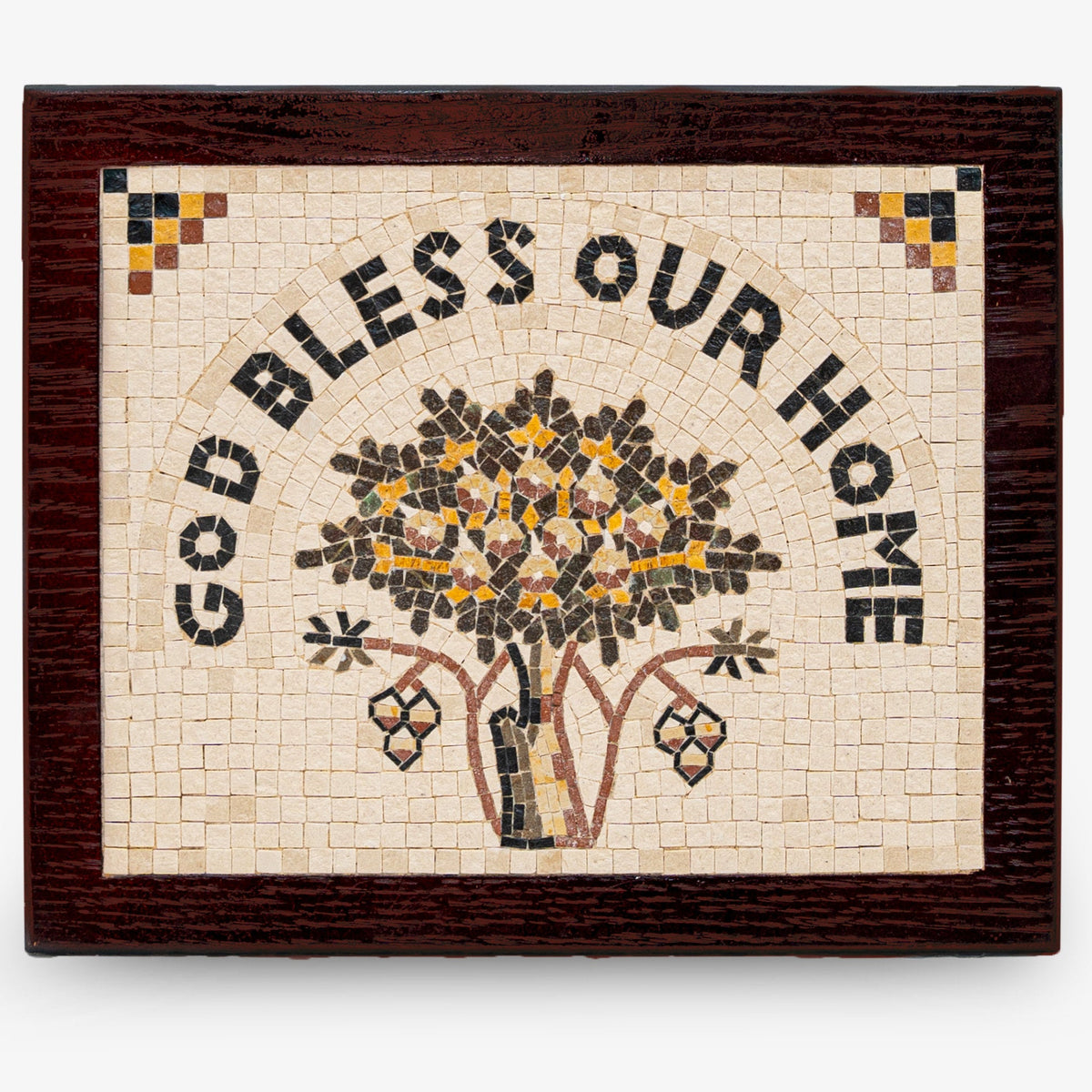 Handcrafted wooden plaque featuring a mosaic design with the phrase 'God Bless Our Home' surrounded by a vibrant tree motif