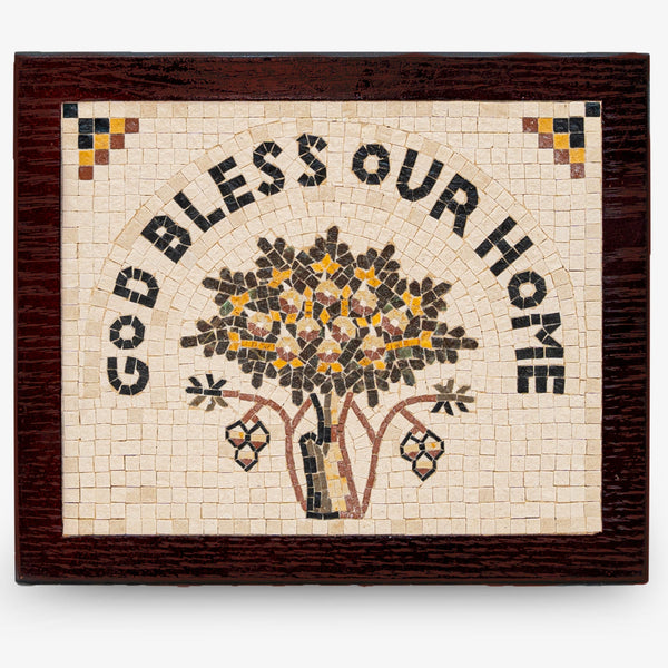 Handcrafted wooden plaque featuring a mosaic design with the phrase 'God Bless Our Home' surrounded by a vibrant tree motif