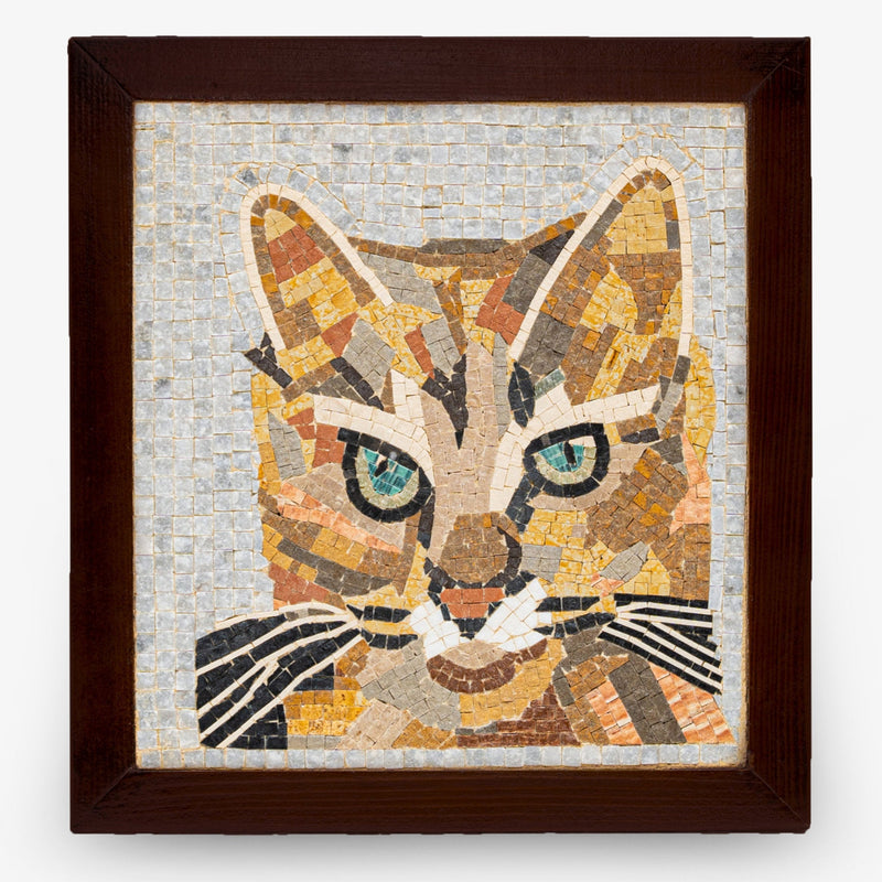 Intricate mosaic cat art framed in dark wood — featuring vibrant tiles in shades of brown and blue for striking detail
