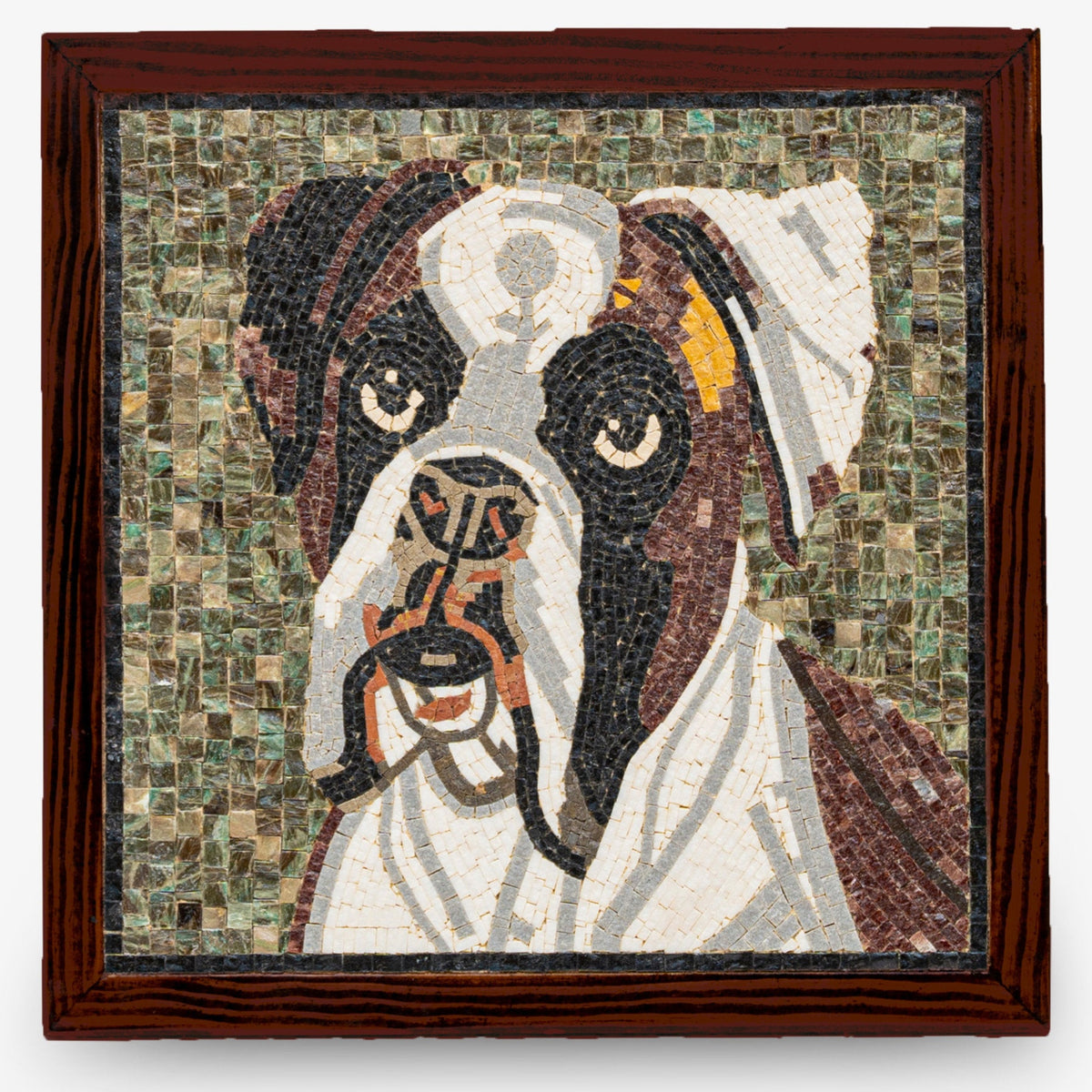 Intricate mosaic artwork featuring a Boxer dog in earthy tones — handcrafted with detailed glass pieces for texture.