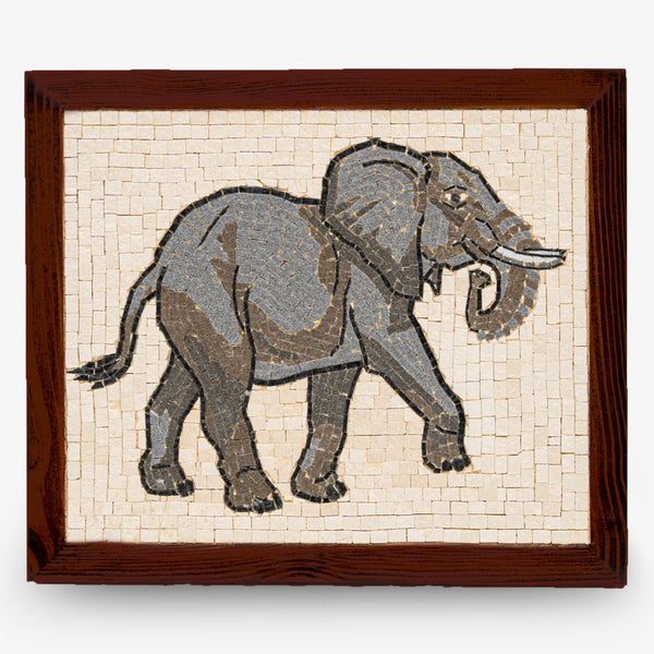 Intricate mosaic wall art featuring a gray elephant design set against a textured cream background — framed in rich wood.