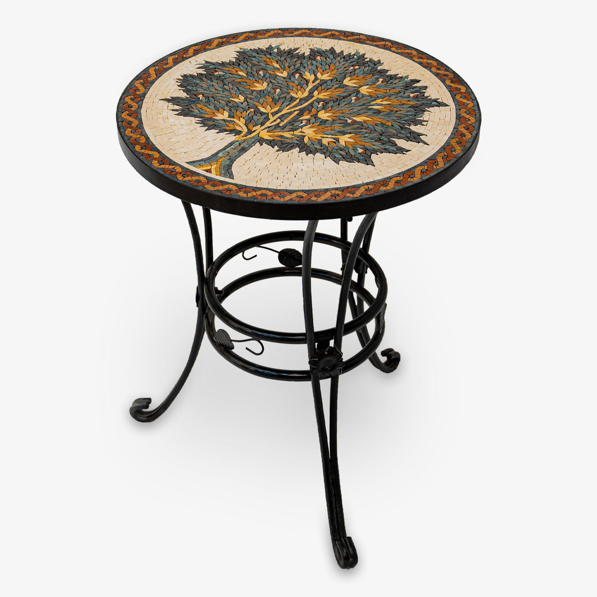 Artistic mosaic side table featuring a tree design on a round top with intricate detailing and a sturdy black metal base