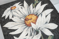 Intricate mosaic art featuring white daisies with golden centers on a dark background — a stunning decorative piece for any room
