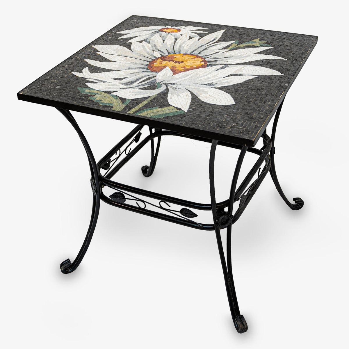 Elegant mosaic side table with a floral design in black and white — featuring a sturdy wrought iron base.