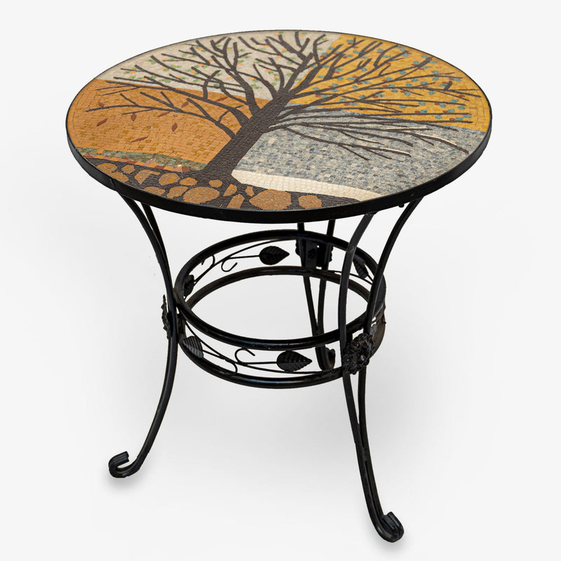 Artistic mosaic side table with a tree design on a circular top — sturdy black wrought iron base for added elegance