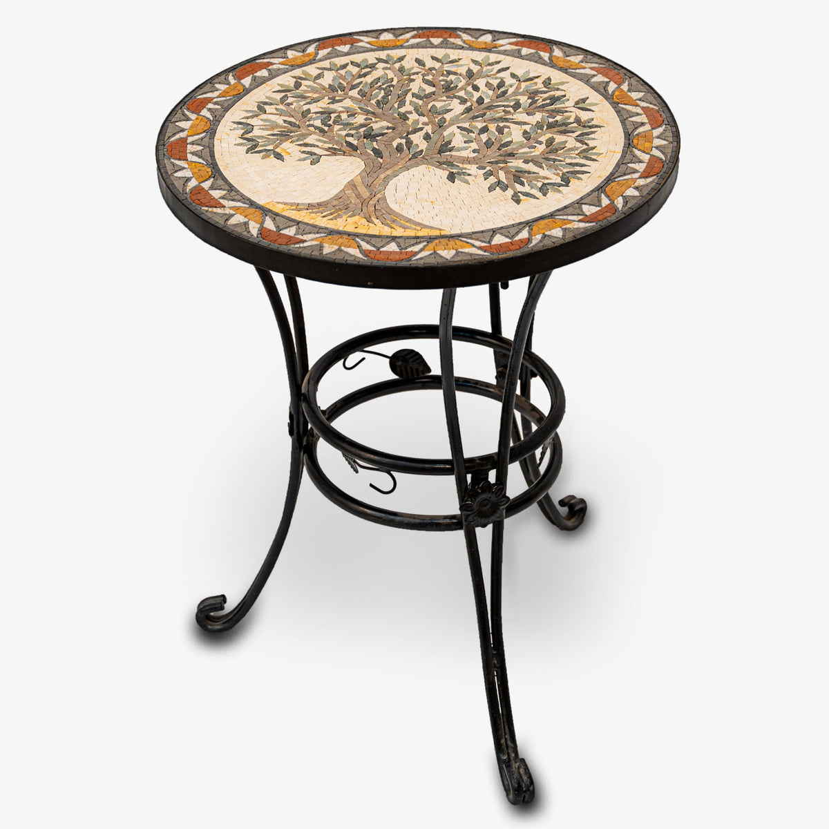 Round mosaic side table featuring a tree design with earthy tones on a sturdy black wrought iron base — perfect for outdoor settings