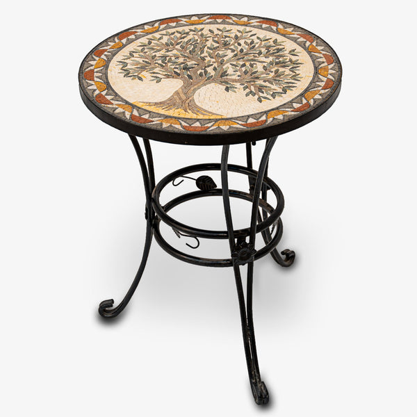 Round mosaic side table featuring a tree design with earthy tones on a sturdy black wrought iron base — perfect for outdoor settings