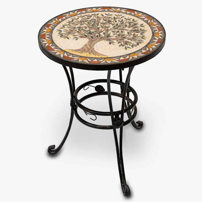 Round mosaic side table featuring a tree design with earthy tones on a sturdy black wrought iron base — perfect for outdoor settings