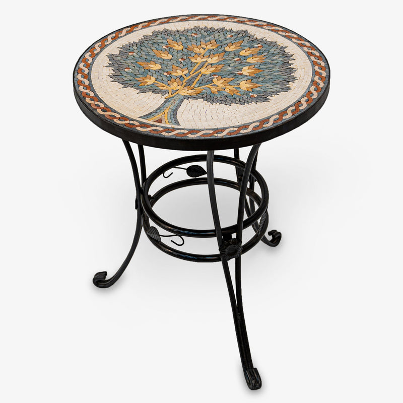 Charming mosaic side table with a tree design in earthy tones — sturdy black metal base and round top for outdoor use