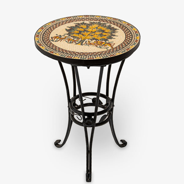Intricate mosaic side table with a floral design in warm autumn colors, supported by a delicate black wrought iron base.