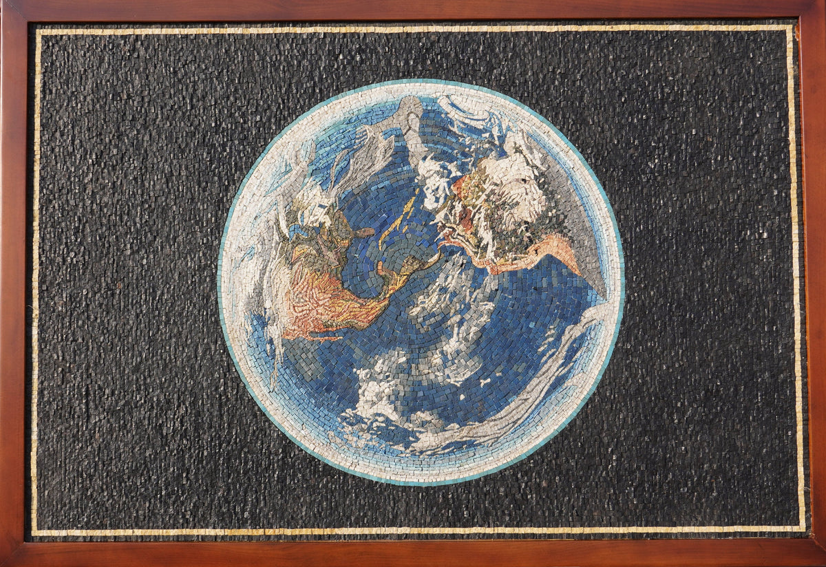 Intricate mosaic art depicting the Earth with vibrant blue oceans and detailed landmasses framed in rich wood.