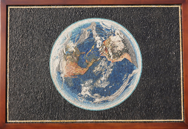 Intricate mosaic art depicting the Earth with vibrant blue oceans and detailed landmasses framed in rich wood.