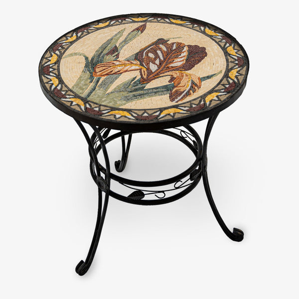 Elegant mosaic side table featuring intricate floral designs in earthy tones with a wrought iron base and curved legs