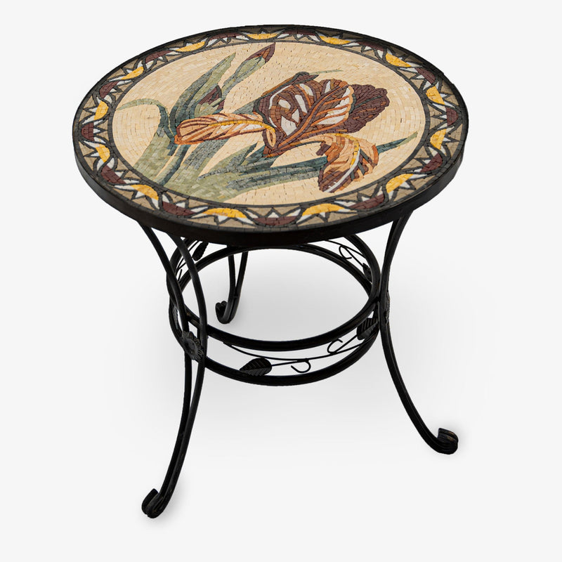 Elegant mosaic side table featuring intricate floral designs in earthy tones with a wrought iron base and curved legs