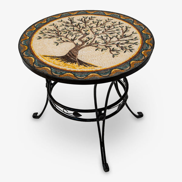 Round mosaic coffee table featuring a detailed tree design on a neutral background — sturdy black iron legs for stability