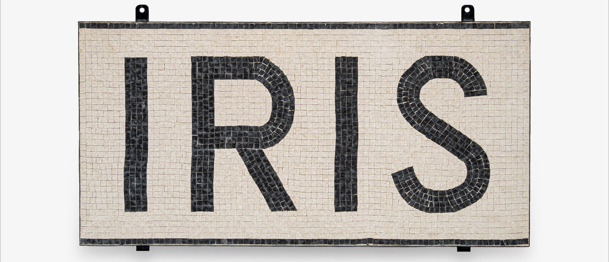 Decorative wall art with the word 'IRIS' on a white background